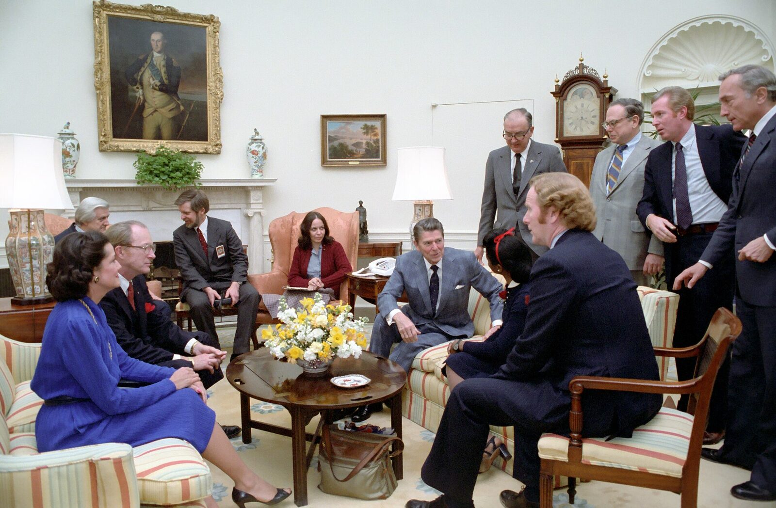 Two days into the administration, on the anniversary of Roe v. Wade, President Reagan meets representatives of the right-to-life movement. The National Archives lists Sen. Jesse Helms, Elizabeth Dole, Rep. Robert Dornan, Rep. Henry Hyde, Sen. Charles Percy and Schweiker among those in the room.